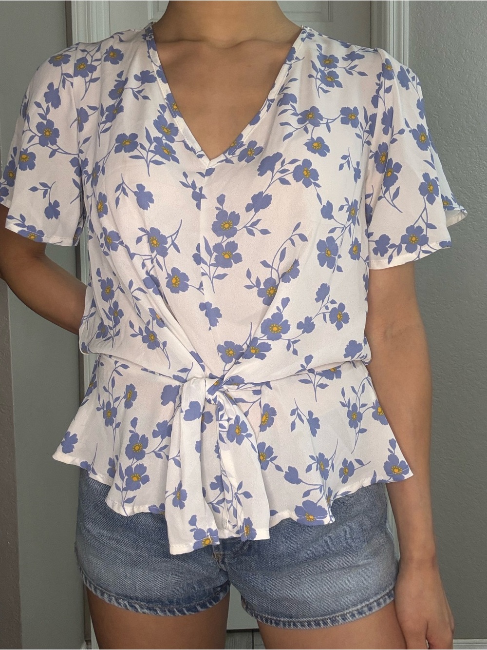 Floral Tie-Waist V-Neck Blouse in Light Blue